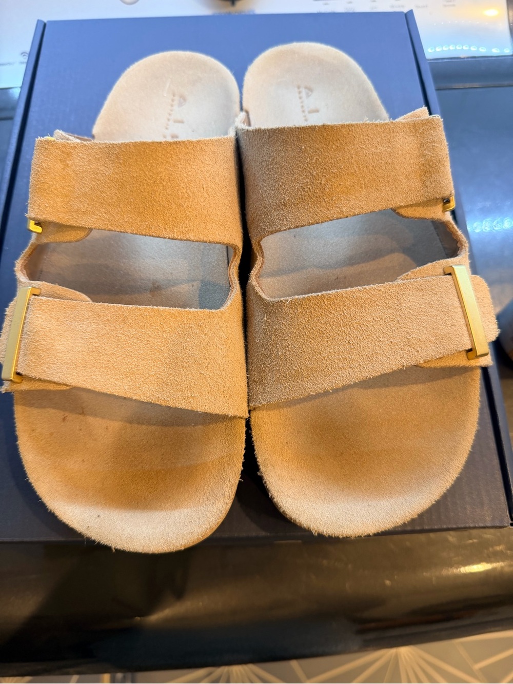 Reef Women's Double-Strap Suede Slide Sandals in Taupe with Gold Accents